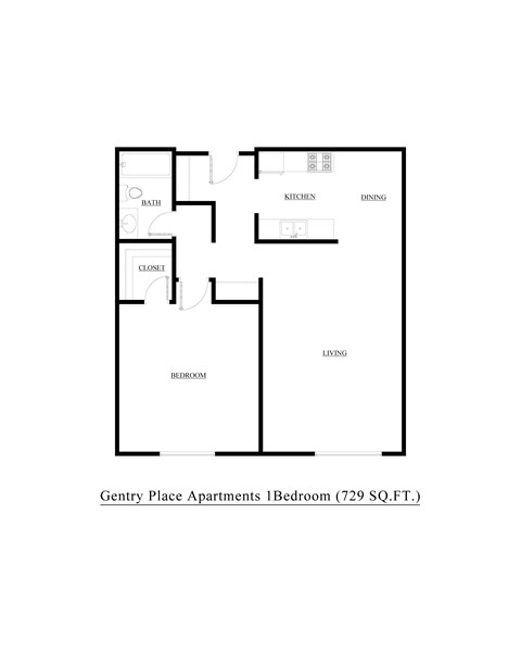 A floor plan of a one bedroom apartment at Gentry Place.